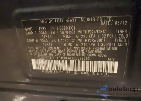 2012 Subaru Outback 2.5I from USA, damaged, VIN 4S4BRCAC6C3298593